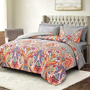 Shatex Colorful Rainbow Floral Comforter with Pillowsham Flower Boho Bedding Set