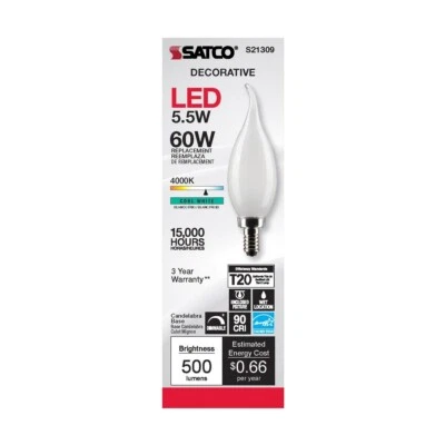 Satco S21309 - 5.5 Watt LED CA10 Candelabra Light bulbs- 4000K - 6 Pack - Image 1 of 4