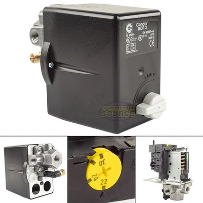 Interruptor de presión de 4 puertos Condor MDR3/16RM 145-175 PSI 22A - 30A sobrecarga 1/4" FNPT Foto 1 de 4