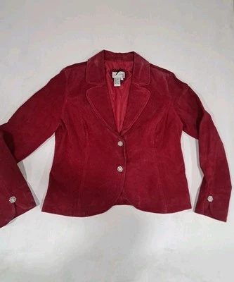Vtg 90s Y2K Live A Little Red Suede Leather Blazer Rhinestone Buttons Womens L - Image 1 of 4