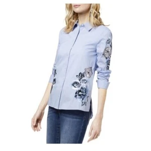 INC Embroidered Shirt Women's P/S Floral Stripe Button Front Long-sleeve - Picture 1 of 7