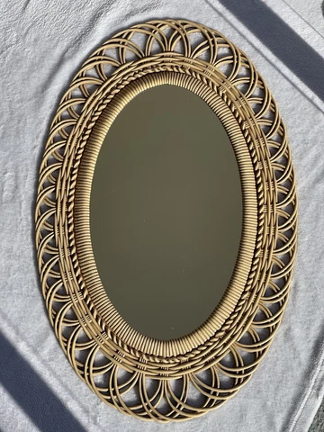 Vintage Late 20th Century Mgm Boho Chic Faux Rattan Oval Wall Mirror Cover