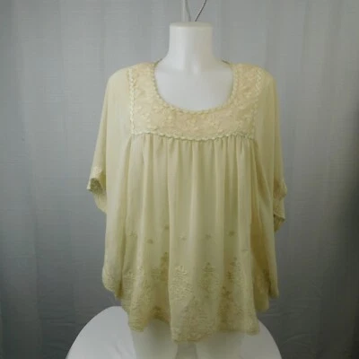 Top campesino de encaje bordado cuello redondo manga Ezra Dolman - crema, grande #2463 Foto 1 de 4