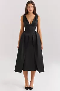 HOUSE OF CB 'Paloma' Black Satin Twist Strap Midi Dress XS 6/8 2796 - Picture 1 of 10