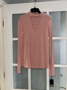 MICHAEL LAUREN Womens Top Small Pink Pullover Choker VNeck Thumbholes Tee NWT - Picture 1 of 9