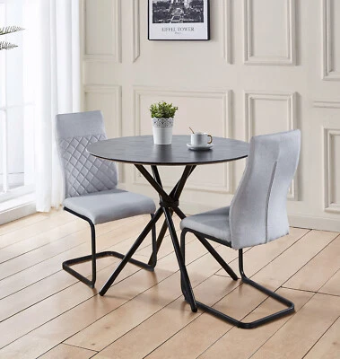 Dining Table Set, Small Round Black Kitchen Table & 2 Grey High Back Chairs - Image 1 of 4