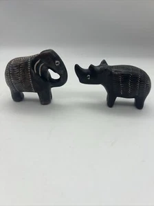 Smooth Soapstone Hand Carved African Elephant And Rhinoceros Art Kenya - Picture 1 of 14