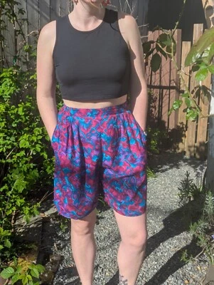 Vintage 80s Koret Womens Shorts - POCKETS! bermuda billowy pink purple blue  - Image 1 of 4