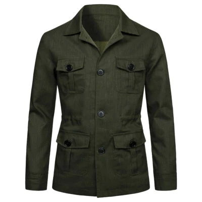 Men's 100% Linen Safari Jacket Pockets Slim Fit Hunting Coat Casual Tops British - Image 1 of 4