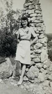 Pretty Woman Leaning On Stone Pillar B&W Photograph 2.5 x 4 - Picture 1 of 3