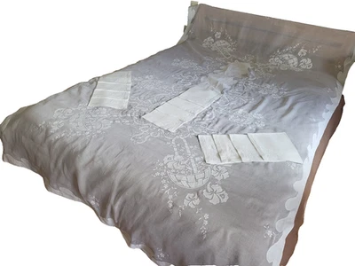 N14 ANCIEN SERVICE DE TABLE BATISTE LINON BRODE nappe 165x267cm + 12 serviettes - Photo 1/4