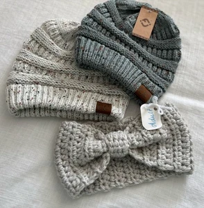 CC Beanies & Hand Knit Ear Warmers - One Size - New - Bundle of 3 - Picture 1 of 9