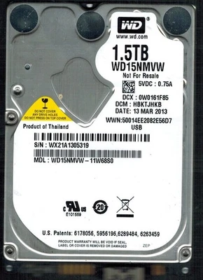 WD15NMVW-11W68S0 S/N: WX21A WESTERN DIGITAL 1.5TB THAILAND MAR 2013 - Image 1 of 2