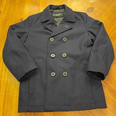 Black Rivet Notched Collar Double Breasted Peacoat Mens L Quilted Lining Wool - Image 1 of 4