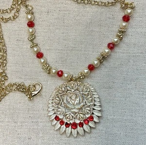 Bakelite Flower Necklace- Vintage Rose Design W/ Red Crystal Accent, 26” Chain - Picture 1 of 4