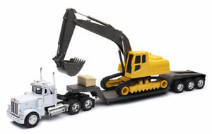 New Ray 1/32nd Peterbilt 379 Semi Truck with Lowboy Trailer and Excavator