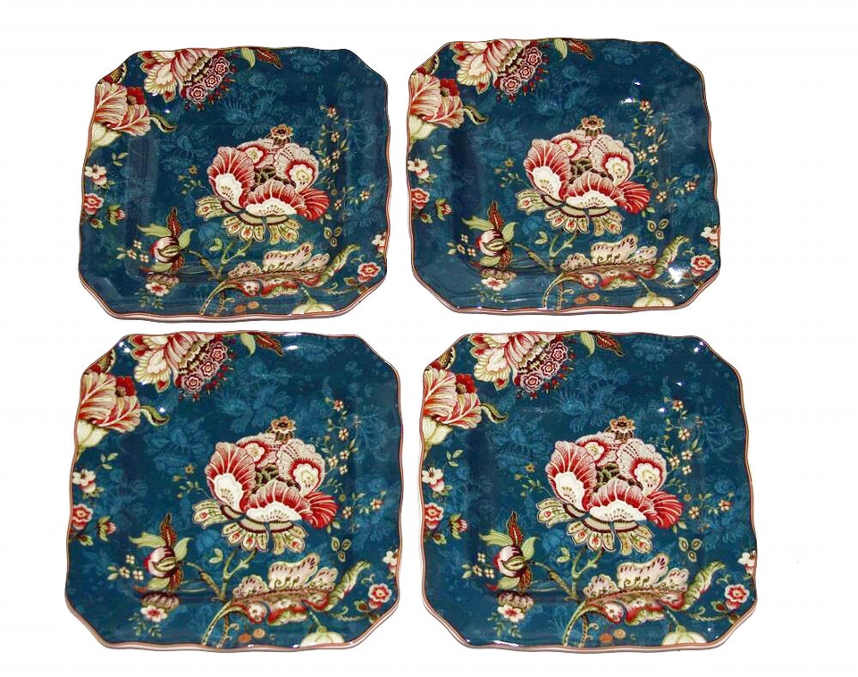 4 Gorgeous GABRIELLE TEAL Jacobean 222 Fifth Square Scalloped SALAD Plates NIB - Image 1 of 1