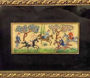 Vintage Miniature Persian Camel Bone Handmade Painting Framed Art 6x4.5” Horses
