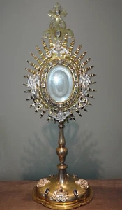 OSTENSOIR MONSTRANCE RELIQUAIRE/METAL DORÉ/XIXè/H.74/PAS LUNULE/CRISTAL DE ROCHE - Picture 1 of 22
