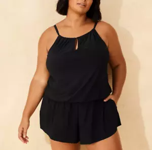 Women's UPF 50 High Neck Swim Romper with Pockets One Piece Swimsuit- black 17 - Picture 1 of 8