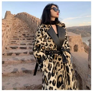 Women Long Leopard Print Warm Fluffy Faux Fur Trench Coat Double Breasted Jacket - Picture 1 of 13