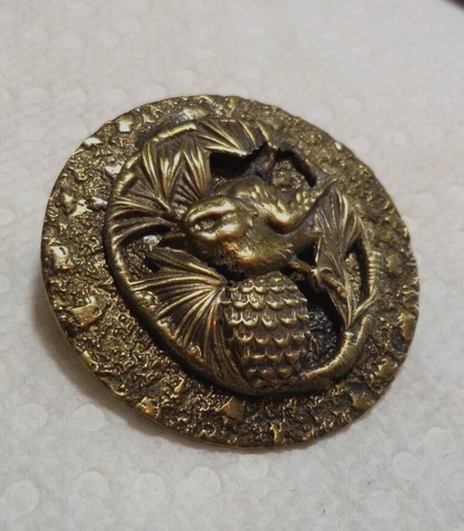 Antique Metal Picture Button BIRD PINE TREE ON BRANCH PINECONE 1 & 1/2" Cover