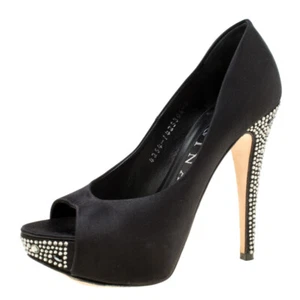 Gina Black Satin Crystal Embellished Peep Toe Platform Pumps Size 37 - Picture 1 of 8