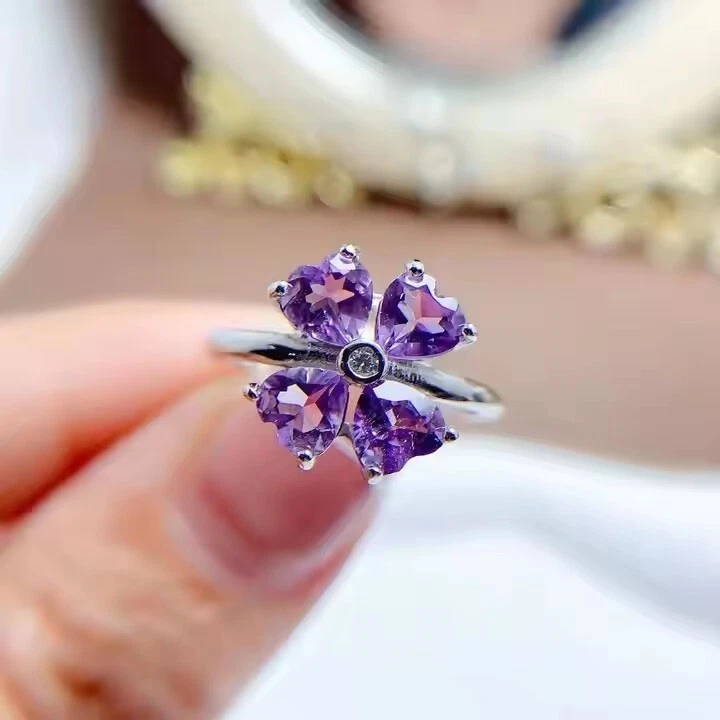 Anel feminino de casamento folheado a ouro branco 14K com ametista e diamante corte coração criado - Imagem 1 de 4