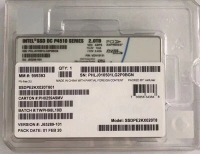 2TB Intel SSD DC P4510 Series NVME U.2 SSDPE2KX020T8 Solid State Drive - Image 1 of 3