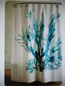 Anthropologie Shower Curtain W/Fabric Bag Gingko Blue Coral New With Tag F/Ship - Picture 1 of 3
