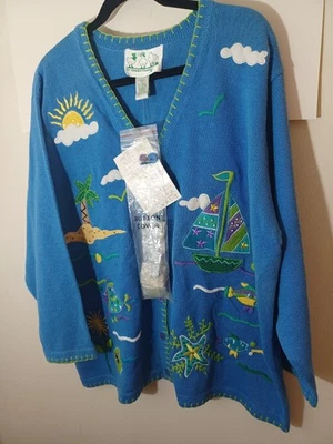 The Quacker Factory Women Whimsical Blue Button-up Cardigan Sweater New Size 1X - Image 1 of 4