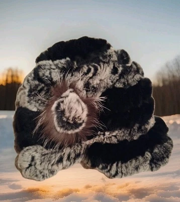 Faux Fur Hat Black/Gray, Visor Cap,  Rosette On Side - Image 1 of 4