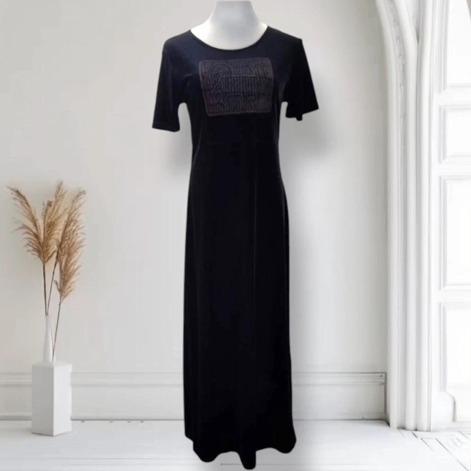 Vintage 90s Black Velvet Maxi Dress Size M Stretch Tribal Glitter Graphic USA - Image 1 of 4