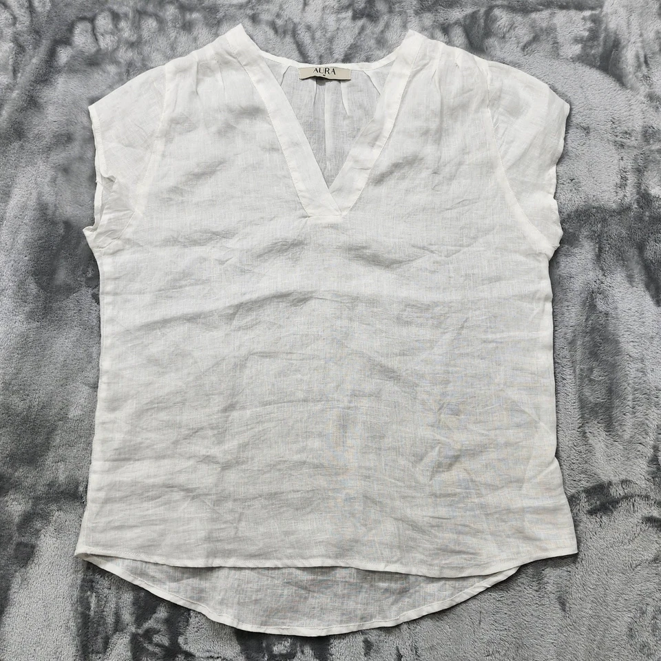 Aura Топ женщин M белый льняной раздельный v-образным вырезом крышка рукав футболка поповер вневременной повседневный - Изображение 1 из 4