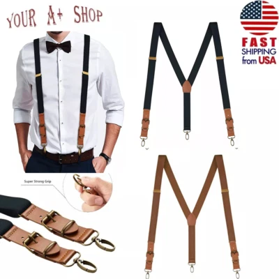 2PCS Men's Suspenders Y Back Adjustable Leather Y-Shaped Hooks Pants Braces - Image 1 of 4