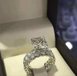 14K White Gold Plated 3Ct Round Lab Created Diamond Solitaire Women's Bridal Set - Picture 1 of 5