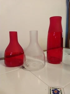 Lot Of Three Decorative Glass Bottles Ruby Red & Clear Valentine Decor Decanters - Picture 1 of 4
