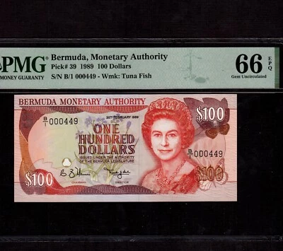 Bermuda 100 Dollars 1989 P-39 * PMG Gem Unc 66 EPQ * Queen Elizabeth * - Image 1 of 2