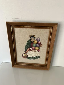 RARE VINTAGE ROYAL DOULTON BALLOON LADY HANDWOVEN YARN ART FRAMED -12in x 10in - Picture 1 of 6