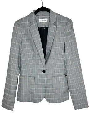 Blazer para mujer Calvin Klein 4 bolsillos de oficina a cuadros con un botón negro blanco nuevo con etiquetas Foto 1 de 4
