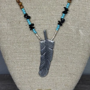 Sterling Silver Feather Tufa Sand Cast Pendant Navajo Ghost Spirit Beads 24” - Picture 1 of 12