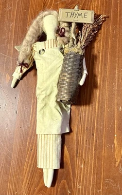 Primitive Handmade Doll W/ Thyme Sign Basket 14 X7 Rustic Farmhouse Decor - Image 1 of 3