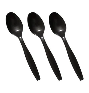 100x Black Plastic Spoons Heavy Duty Disposable Reusable Party Picnic Catering - Picture 1 of 5