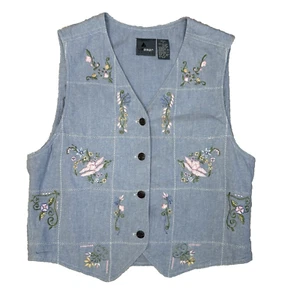 Vintage Liz Wear Vest Womens Small Chambray Blue Floral Embroidered Boho - Picture 1 of 11
