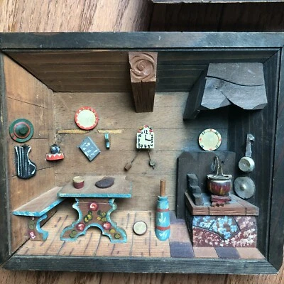 Vintage European Hand Made 3 D Wood Diorama / Shadow Box of Kitchen/Hearth Nice! - Image 1 of 4