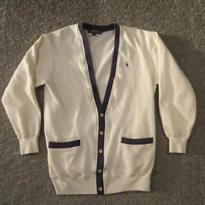 Vintage Ralph Lauren Cardigan Sweater Mens M White Fleece Lined Knit Tennis - Picture 1 of 11