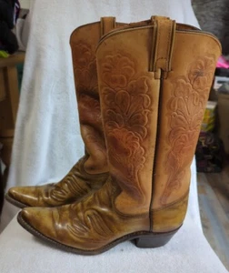Vtg Texas Made in USA Brown Leather FLORAL Cowboy Western Riding Boots 9 D - Picture 1 of 8