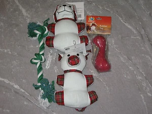 Holiday Plaid Plush Dog Toys Pig Rope Rubber Bone Play Exercise Chew NEW! - Picture 1 of 11