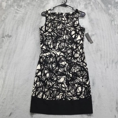 NEW Ab Studio Dress Womens 4 Black White Shift Dress Midi Boat Neck Sleeveless - Image 1 of 4