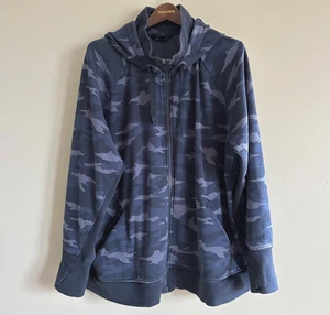 Athleta Blue Camo Full Zip Hoodie Sweatshirt Jacket 3X Thumb Holes Long Sleeve - Picture 1 of 18